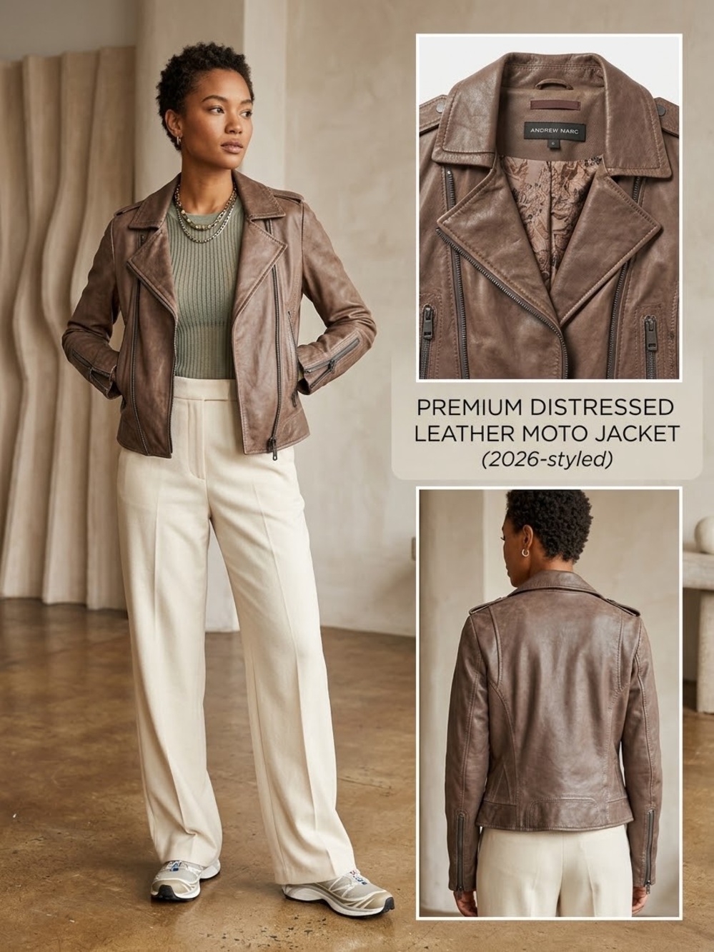Andrew Marc Distressed Taupe-Brown Leather Moto Jacket
